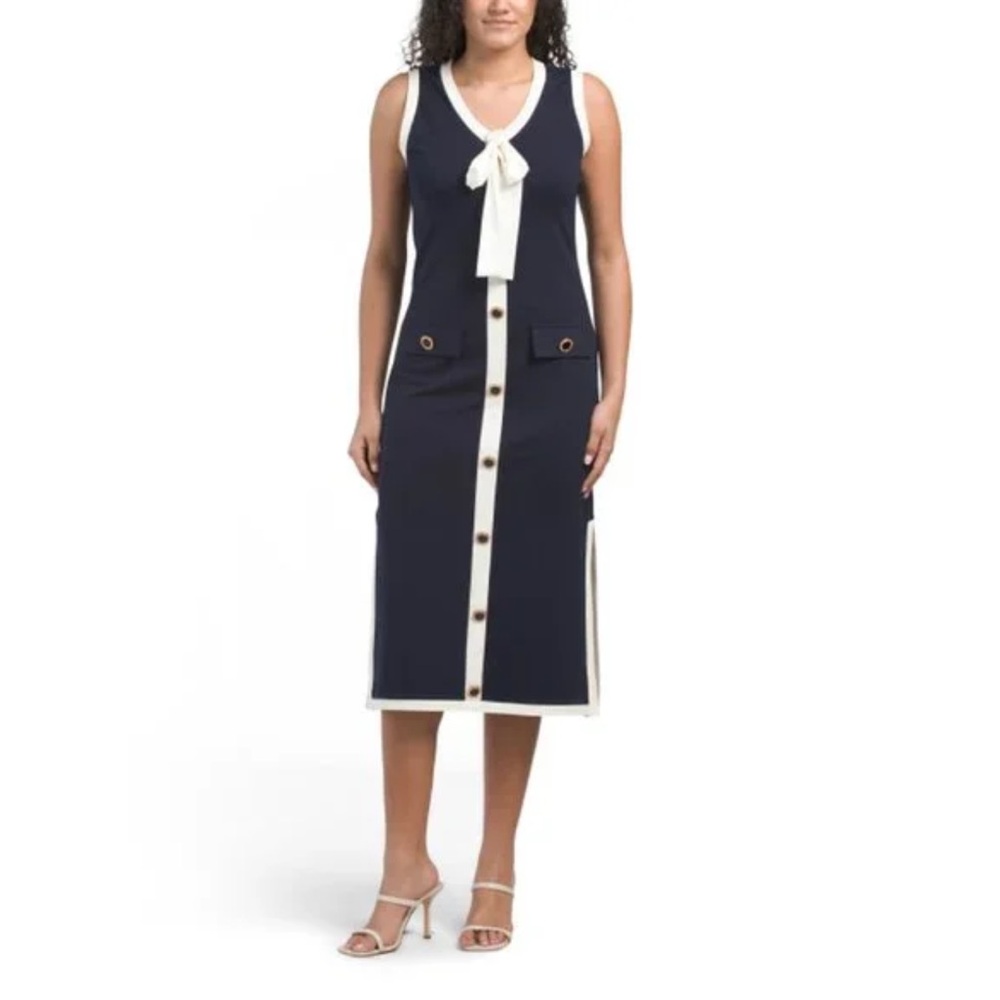 New NICOLE MILLER NEW YORK Navy/white Contrast Trim Bow Tie Midi Dress - Picture 10 of 15